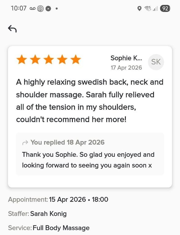 Serenity Swedish Massage client review screenshot